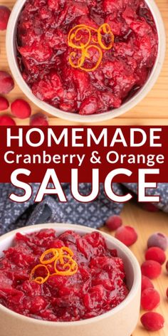 homemade cranberry and orange sauce in a white bowl on a wooden table with text overlay