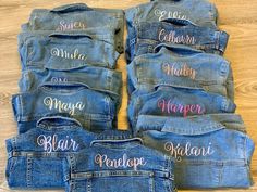 This embroidered personalized jean jacket is perfect for every baby and toddler, personalized embroidered toddler jean jacket makes a great gift for every little girl's birthday or Christmas gift or baby shower gift.   Think about how adorable your sweet little one will look in this personalized denim jacket with her name embroidered across the back! YOUR ORDER WILL SHIP WITHIN 3-5 BUSINESS DAYS ~  One name embroidered in your choice of thread color in either a script or block font of your choic Baby Denim Jacket, Kids Denim Jacket, Custom Denim Jacket, Block Font, Toddler Jeans, Baby Jeans, Custom Denim, Baby Girl Shower Gifts, Blue Jean Jacket