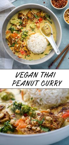 vegan thai peanut curry in a bowl with rice and vegetables