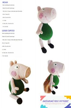 three crocheted stuffed animals are shown in four different poses, one is wearing a green dress and the other has a pink nose