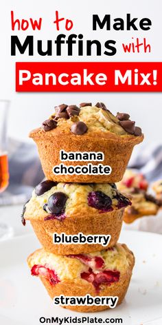 Three muffins stacked on top of each other with text title overlay Blueberry Pancake Mix Recipes, Muffins From Bisquick, Pancake From Muffin Mix Recipes, Muffin Tin Pancakes Bisquick, Mini Muffins Using Pancake Batter, Pancake Muffins With Bisquick, Pancake Muffin Mix Recipe, Pancakes Out Of Muffin Mix Easy, Easy Pancake Muffins Breakfast