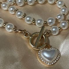 Vintage Style Gold Necklace With Pearl Beads & Heart Pearl Charm Necklace ****Never Worn, Simulated Pearls/Gold/ And Rhinestones Size 16 Costume Jewelry Pearl Charm Necklace, Necklace With Pearl, Gold Pearl Necklace, Pearl Choker Necklace, Pearl Collection, Pearl Charms, Pearl Choker, Source Unknown, Crystal Gems