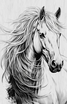 a black and white drawing of a horse with long hair on it's head