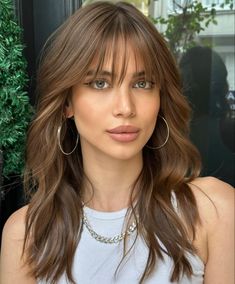 Brunette Hair Wispy Bangs, Wispy Bangs Long Hair Brunettes, Brunette Hair With Bangs, 90's Hairstyle, Hazelnut Hair, Fringe Bangs Hairstyles, Light Bangs, Medium Length Hair With Bangs, Haircut Inspo