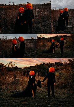 two people in halloween costumes holding hands and wearing pumpkins on their heads, with the sky behind them