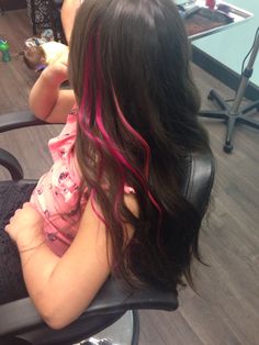 Pink Hair Strands Brunette, One Strand Hair Dye, Strip Highlight Hair, Hair Stripes Color, Dark Pink Streaks In Brown Hair, One Strand Dyed Hair, 2 Strands Of Hair Dyed, Small Streaks Of Color In Hair, Strand Hair Dye