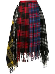 Blanket Skirt, Tartan Fashion, Juun J, Patchwork Clothes, Kilt Skirt, Asymmetric Skirt, Tartan Skirt, Blonde Brunette, Fringe Skirt