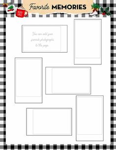 a black and white checkered table cloth with four frames on it that says favorite memories