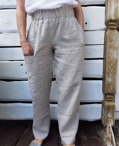 "Linen pants. Pants made from 100% pure linen. OEKO-TEX® STANDARD certificate. In the photos \"38-40 M-L size\" is demonstrated. We can make any size on your request, please do not hesitate to contact us. Linen is one of the strongest and most durable natural fibers - the ancient Egyptians used linen for mummification, and the US uses it blended with cotton for dollar bills! Linen fabric is usually a low-thread count even-weave cloth or sometimes knit. It has a natural slub variation in the fibe Relaxed Fit Linen Harem Pants With Pockets, High-waisted Linen Pants With Pockets, Ankle-length Linen Harem Pants With Pockets, Flax Colored Bottoms With Pockets, Linen Straight Pants With Side Pockets, Linen High-waisted Bottoms With Side Pockets, Straight Linen Pants With Side Pockets, Baggy Flax Pants With Pockets, Linen Pants With Pockets