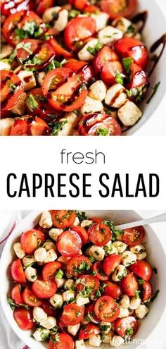 fresh caprese salad with tomatoes and basil in a white bowl on the side