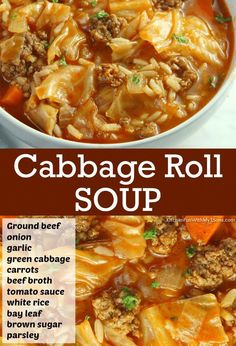 cabbage roll soup with ground beef and carrots in a white bowl