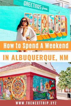 a woman standing in front of a colorful building with the words how to spend a weekend in