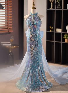 Ocean Inspired Dress, Blue Sequin Prom Dress, Sequins Prom Dress, Prom Dress With Train, Long Party Dress, Blue Prom Dress, Marine Uniform, Sequin Halter, Mermaid Sequin