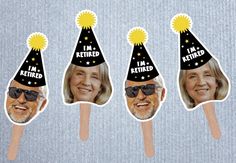 three people wearing party hats and sunglasses on top of toothpicks with the words i'm retired printed on them