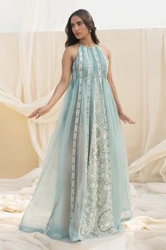 Shop for Megha Bansal Blue Silk Organza Almora Embroidered Panelled Gown With Cape for Women Online at Aza Fashions Gown With Cape, Organza Gown, Cape For Women, Organza Gowns, Draped Sleeves, Fashion Courses, Beads Work, Traditional Indian Outfits, 3d Embroidery