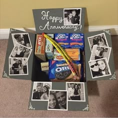 an anniversary gift box with pictures and candies