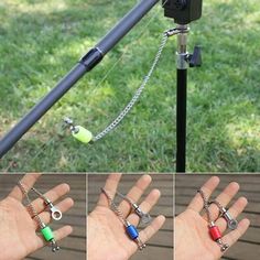 four different views of a camera with keys attached to the tripod and in front of it