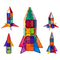 several colorful plastic toys are arranged in the shape of a rocket ship