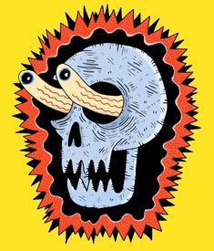 a skull with a snake on it's head in the middle of a yellow background