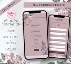 the wedding website is displayed on two iphones