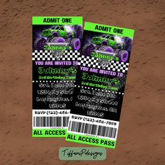 this is an image of monster truck birthday party ticket