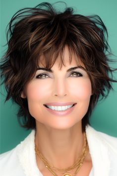 Short Textured Shaggy Layers Hairstyle on smiling woman with in her 50s with brown hair. Feminine Short Hair, Short Pixie Bob Haircuts, Shaggy Cut, Shag Hairstyle, Short Pixie Bob, Short Shaggy Haircuts, Styles For Women Over 50