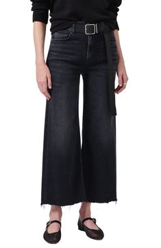 Wispy raw hems lend laid-back style to these swingy wide-leg jeans cut from stretchy denim that has a beautiful dark wash. 27" inseam; 24" leg opening; 11 1/2" front rise Zip fly with button closure Five-pocket style 71% cotton, 23% modal, 4% elastomultiester, 2% elastane Machine wash, tumble dry Made in Turkey Chic Wide Leg Flare Jeans In Washed Black, Chic Wide Leg Washed Black Flare Jeans, Washed Black High-rise Flare Jeans With Frayed Hem, High Rise Washed Black Flare Jeans With Frayed Hem, Washed Black High Rise Flare Jeans With Frayed Hem, Chic Wide-leg Flare Jeans With Frayed Hem, Chic Flare Jeans With Frayed Hem And Wide Legs, Wide Leg Jeans With Frayed Hem In Dark Wash, Wide Leg Dark Wash Jeans With Frayed Hem