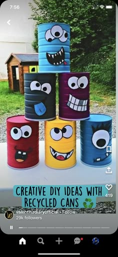 some paper cups with faces on them and the words creative diy ideas with recycled cans