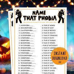 a printable name that phobia game with pumpkins and lights in the background