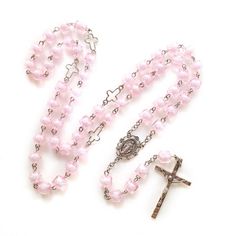 47054434402638 Pink Beaded Spiritual Rosary, Pink Rose Quartz Necklace With 8mm Beads, Pink Rosary With 8mm Beads For Gift, Pink Rosary With 8mm Beads As Gift, Pink Rosary With 8mm Round Beads, Pink Beaded Rosary With Round Beads, Pink Rosary With Round Beads For First Communion, Pink Rosary For First Communion, Adjustable Pink Cross Rosary