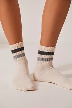 Simply sporty with true vintage flair, these American-made cotton quarter crew socks are the ultimate essential. **Fit:** Quarter crew length **Features:** Soft cotton blend, ribbed texture, seamed toe and heel, striped details **Why We | Retro Shortie Crew Socks by American Trench at Free People in Grey Quarter Socks Outfit, Crew Socks Women, Quarter Socks, Sock Outfits, Ribbed Texture, Sock Shop, Navy Gold, American Made, True Vintage