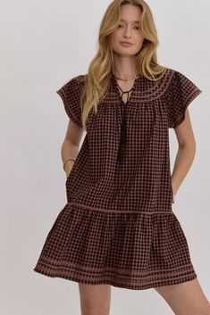 Gingham V-neck short sleeve mini dress Pocket at sides Lined 100% cotton WE ONLY OFFER STORE CREDIT FOR RETURNS! items purchased using a discount code {via rewards, text codes, promotions, flash sales, or otherwise} are considered final sale items and are not eligible for store credit and cannot be exchanged. all sale items are final sale and not eligible for return or exchange. Black Gingham Dress, Black Date Night Outfit, Brown Gingham, Dream Items, Plaid Shirt Dress, Dressy Dress, Nashville Style, Black Gingham, Gingham Pattern