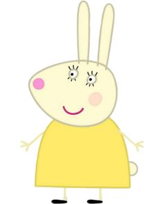 a cartoon rabbit with a yellow dress and black shoes