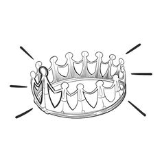 a black and white drawing of a crown with people standing around it on the side