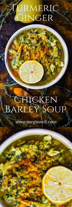 two bowls of chicken barley soup with lemons