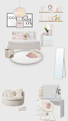 the interior design mood board is shown with white furniture and pink accessories, including a mirror,