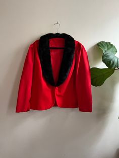 🏷 XL (Sh: 26in, B: 25.5in, W: 24in, L: 24in) | Full 60s glam red jacket with lush fur lapel collar. Has fastener to close at waist. Jacket material is lightweight. No flaws 🛍$61 | or get it for $11.00 with membership to bonhomievtg.com *All measurements taken flat Vintage Red Party Blazer, Red Evening Blazer For Winter, Vintage Costume Blazer For Winter, Vintage Red Outerwear For Evening, Vintage Winter Party Blazer, Vintage Party Blazer For Winter, Retro Red Winter Blazer, Formal Vintage Outerwear With Faux Fur Trim, Vintage Evening Blazer For Winter