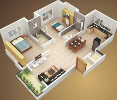 an overhead view of a two bedroom apartment