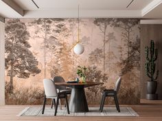 a dining room table with chairs and a wall mural