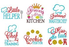 embroidery designs for children's cooking and baking related items, with the words in different languages