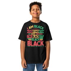 Celebrate the joy with our Juneteenth Blackity Black Black Youth Tee. Get in on the fun and invest in a wardrobe staple that's got it all - quality, affordability, and versatility. Upgrade your kiddos' style game with a shirt that can keep up with their epic adventures. Perfect for Juneteenth, BHM, or any other special occasion. We're proudly a small Black-owned biz!• 100% cotton• Pre-shrunk fabric• Classic unisex fit• Tear-away tag• Made with OEKO-TEX certified low-impact dyes• Designed, printe Trendy Pre-shrunk Black Shirt, Trendy Black Pre-shrunk Shirt, Black Collegiate T-shirt With Moisture-wicking, Juneteenth Design, Juneteenth Flag, Juneteenth Shirt Ideas, Juneteenth Tshirts, T Shirt Company, Got It