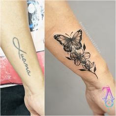 two different tattoos on one arm and the other with flowers in it, both are black and white