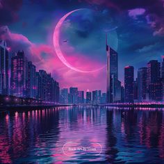 the city is lit up at night with pink and purple lights in the sky above water