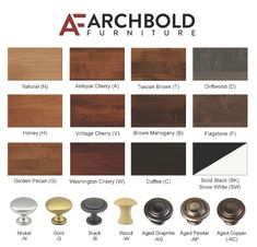 the different types of cabinet knobs and handles for kitchen cabinets, including an assortment of finishes