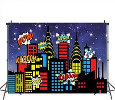 Material:vinyl cloth. Size:7x5ft, wide is 2.1m with 1.5m high. Normally take 20-25 days to most countries.  More and better material backdrops on www.yamefoto.com. Superhero City, City Backdrop, Birthday Party Props, Backdrops Kids, Event Backdrop, Outdoor Party Decorations, Studio Props, Party Props, Background Pictures