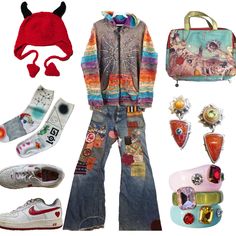 Outfit Bord, Silly Clothes, Interesting Outfits, Rainbow Outfit, Funky Outfits, Quirky Fashion, Cool Fits, Hippie Outfits