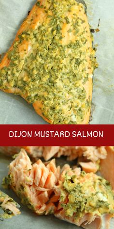 two pictures of different types of food on top of each other, with the words dijon mustard salmon