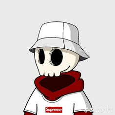 a cartoon skeleton wearing a white hat and red scarf with the supreme logo on it