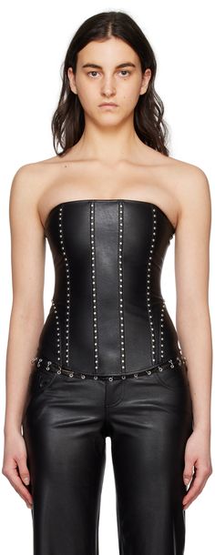 Grained faux-leather corset. Boning and studs throughout. · Straight neck · Zip closure at back · Silver-tone hardware Supplier color: Black leather Corset Boning, Faux Leather Top, Corset Fashion, Leather Corset, Floral Shoes, Leather Top, Leather Fashion, Vegan Leather, Black Leather