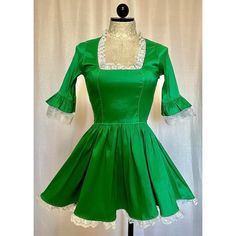 Victorian style stretch taffeta dress with ruffled lace detailing and back bow. iMPORTANT ♥️ Please contact us if you need or want an order by a certain time frame as our production and shipping times vary. We need to know in advance for orders with specific deadlines. Thank you! Fitted Taffeta Dress With Ruffles, Green Taffeta Dress With Fitted Bodice, Satin Square Neck Dress With Ruffles, Square Neck Satin Dress With Ruffles, Costume Party Dress With Lace Trim And Fitted Bodice, Fitted Bodice Dress With Lace Trim For Costume Party, Spring Taffeta Fitted Dress, Spring Fitted Taffeta Dress, Fitted Satin Dress With Lace Trim